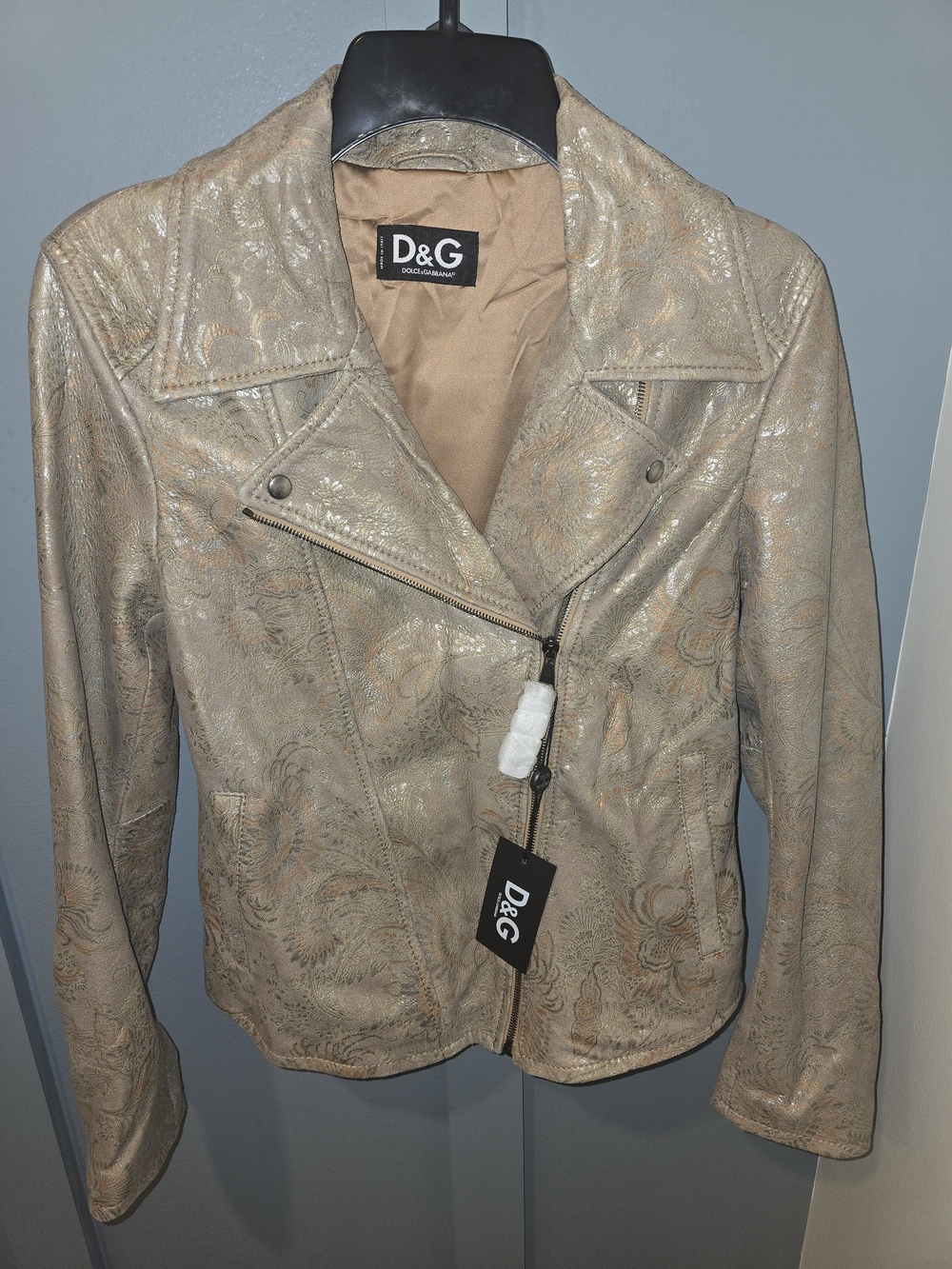 Dolce & Gabbana Metallic Beige Floral-Embossed Leather Jacket